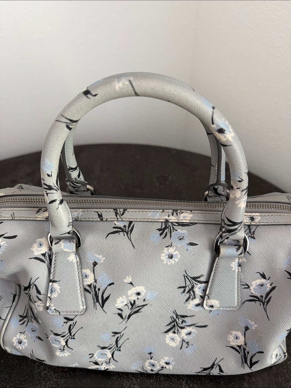 Prada Gray Floral Saffiano Leather Satchel with Strap - Pre-Loved - Picture 14 of 16